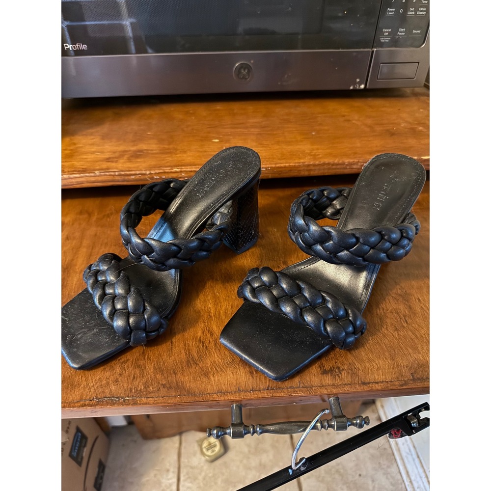 Syninix Womens Black Braided Double Strap Block Heel‎ Square Toe Slide Sandals 9